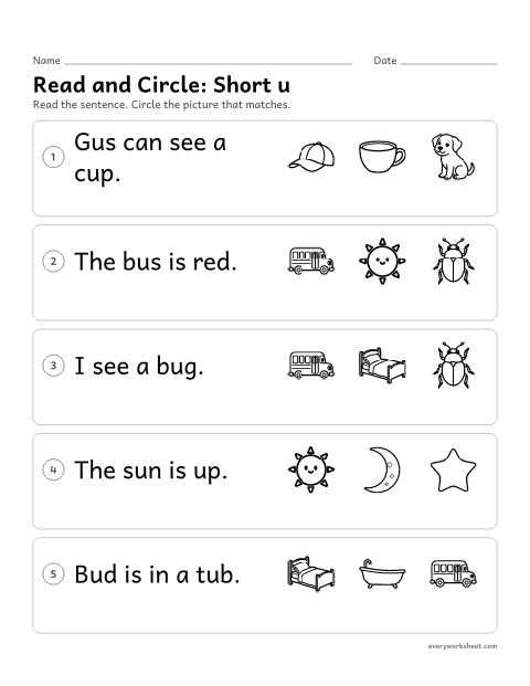Preview of the printable “CVC Sentences: read and circle (Short u)” worksheet: reading short u sentences and circling the matching picture