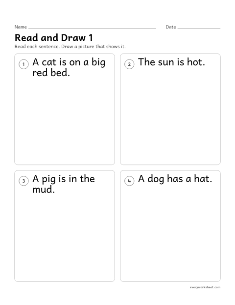 Preview of the printable “CVC Sentences: read and draw 1” worksheet: reading a CVC sentence and drawing what it says