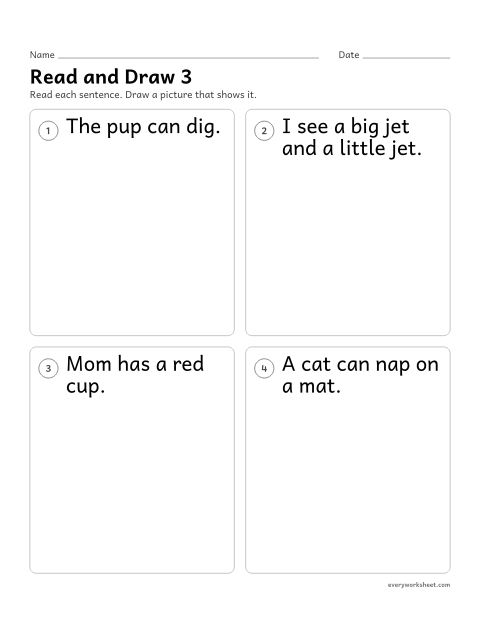 Preview of the printable “CVC Sentences: read and draw 3” worksheet: reading a CVC sentence and drawing what it says