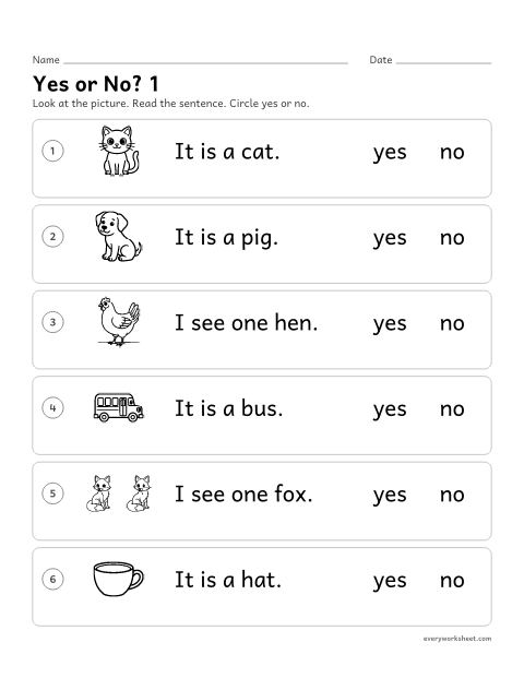 Preview of the printable “CVC Sentences: yes or no 1” worksheet: reading a CVC sentence and checking it against a picture
