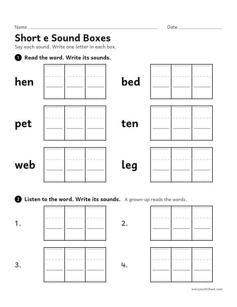 Preview of the printable “Short e sound boxes” worksheet: writing each sound in short e CVC words