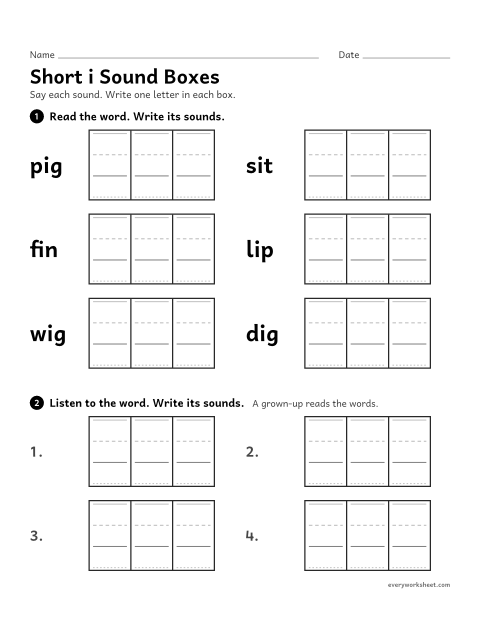 Preview of the printable “Short i sound boxes” worksheet: writing each sound in short i CVC words