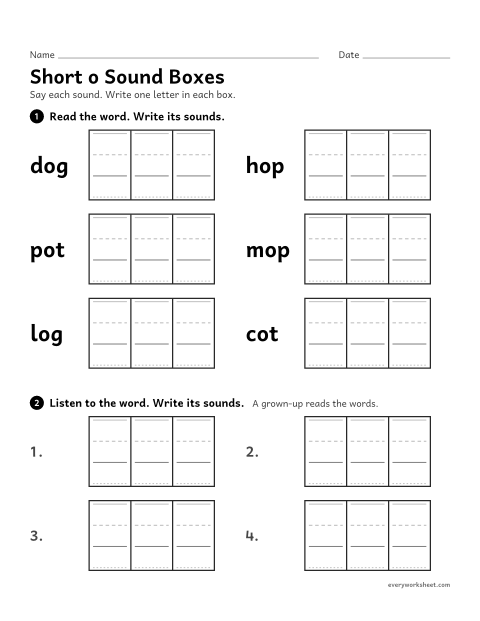 Preview of the printable “Short o sound boxes” worksheet: writing each sound in short o CVC words