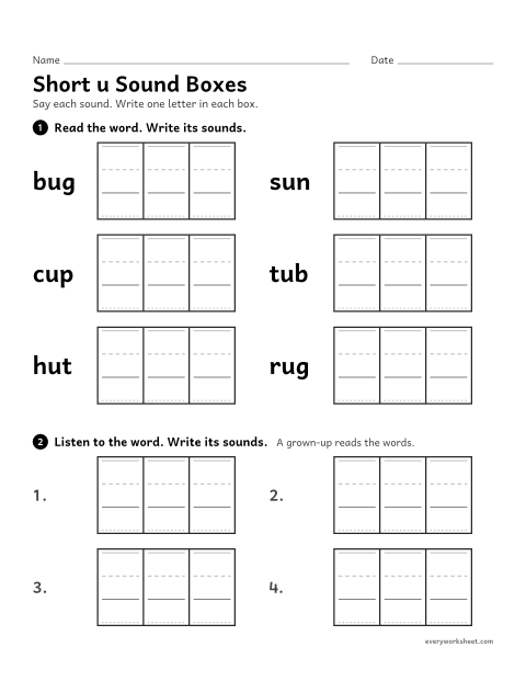 Preview of the printable “Short u sound boxes” worksheet: writing each sound in short u CVC words