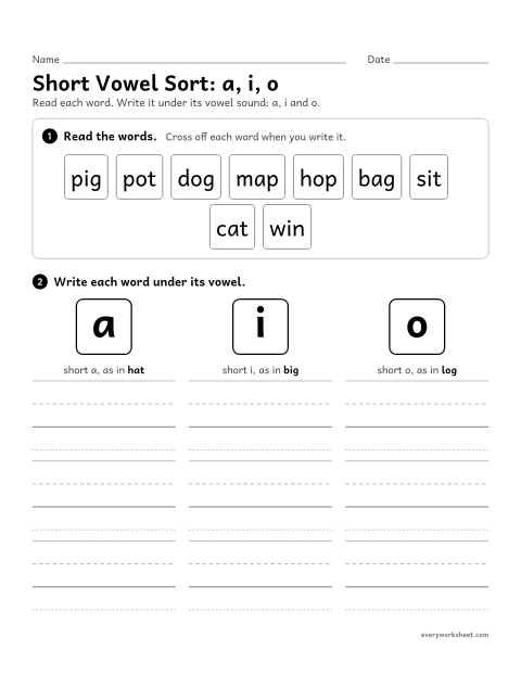 Preview of the printable “Short vowel Sort: a, i, o” worksheet: sorting CVC words by short a, i, o