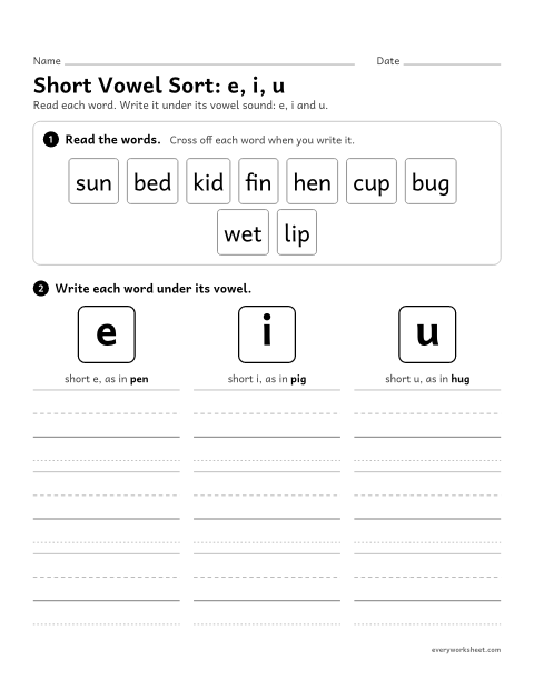 Preview of the printable “Short vowel Sort: e, i, u” worksheet: sorting CVC words by short e, i, u
