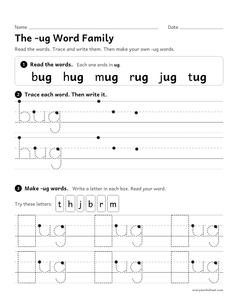 Preview of the printable “The -ug word family” worksheet: reading and writing -ug words