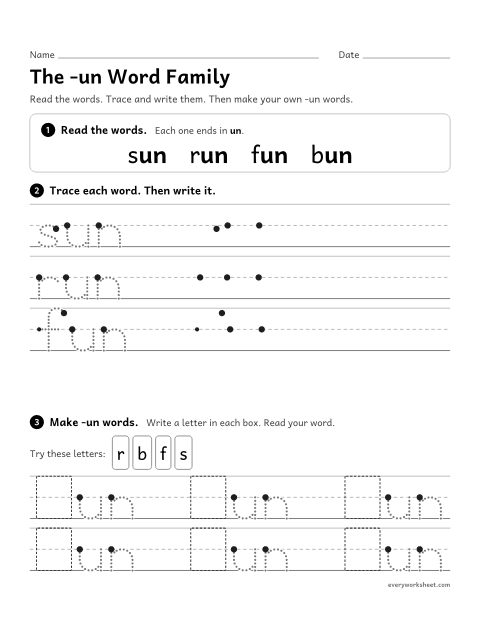 Preview of the printable “The -un word family” worksheet: reading and writing -un words