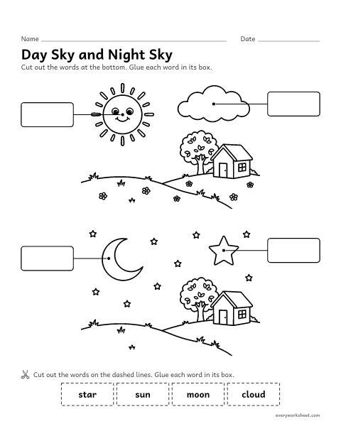 Preview of the printable “Day and night sky cut and paste labels” worksheet: labeling the day sky and the night sky by cutting and gluing words