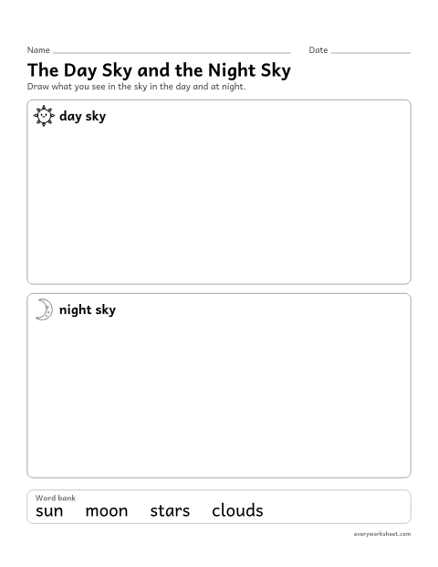 Preview of the printable “Day and night sky drawing page” worksheet: drawing and comparing the day sky and the night sky