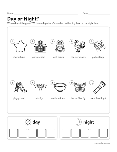 Preview of the printable “Day and night sort” worksheet: sorting things and activities into day and night