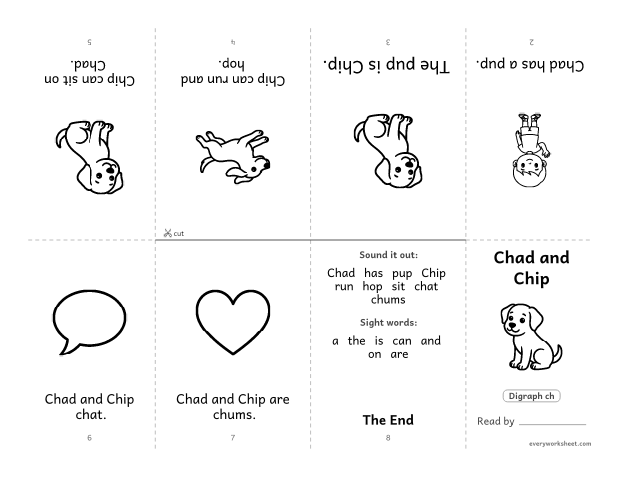 Preview of the printable “Decodable book (Digraph ch): chad and chip” worksheet: reading a foldable decodable mini book with ch digraph words and sight words