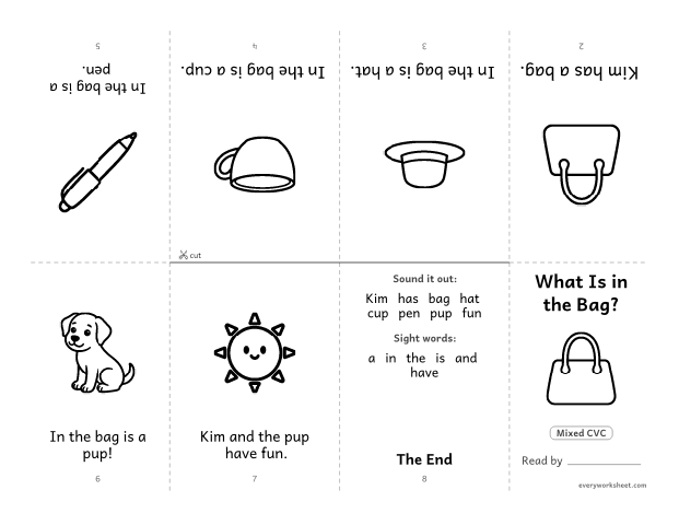 Preview of the printable “Decodable book (Mixed CVC): what is in the Bag?” worksheet: reading a foldable decodable mini book with mixed cvc words and sight words