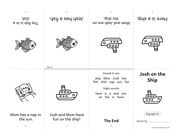 Preview of the printable “Decodable book (Digraph sh): josh on the ship” worksheet: reading a foldable decodable mini book with sh digraph words and sight words