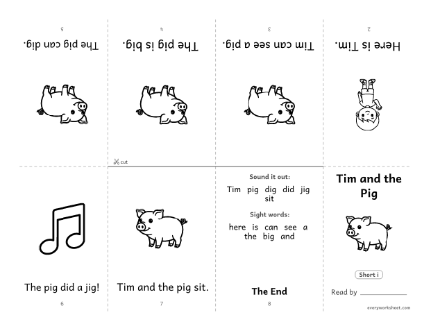 Preview of the printable “Decodable book (Short i): tim and the pig” worksheet: reading a foldable decodable mini book with short i words and sight words