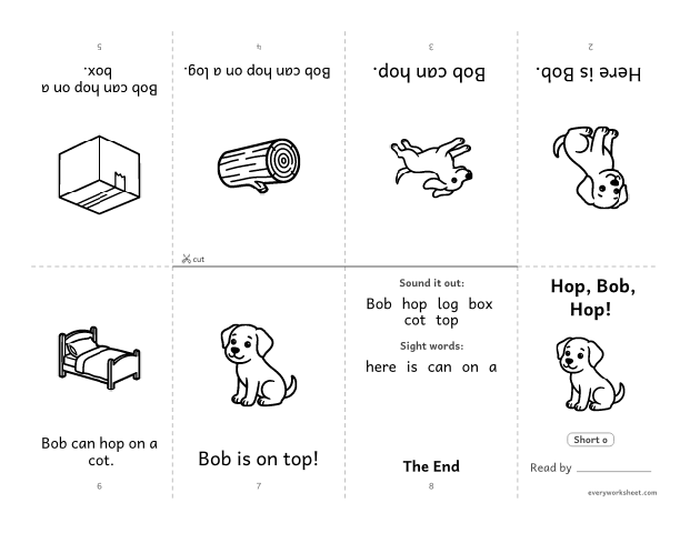 Preview of the printable “Decodable book (Short o): Hop, Bob, Hop!” worksheet: reading a foldable decodable mini book with short o words and sight words