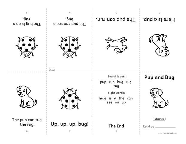 Preview of the printable “Decodable book (Short u): pup and bug” worksheet: reading a foldable decodable mini book with short u words and sight words