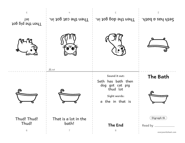 Preview of the printable “Decodable book (Digraph th): the bath” worksheet: reading a foldable decodable mini book with th digraph words and sight words