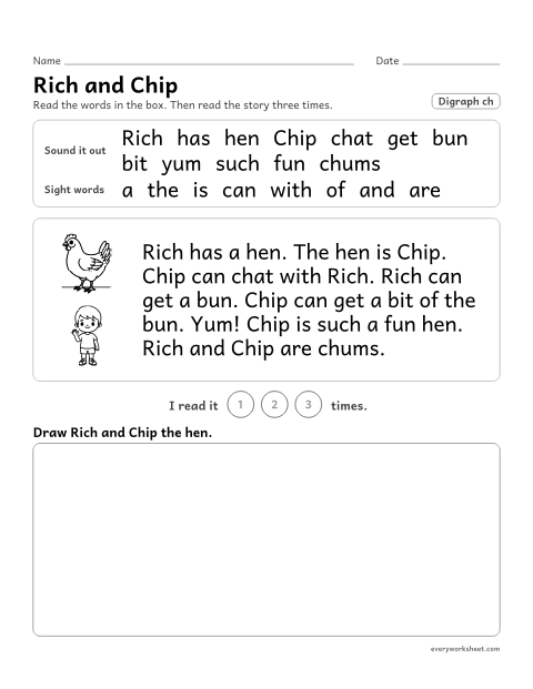 Preview of the printable “Decodable passage (Digraph ch): rich and chip” worksheet: reading a one-page decodable story with ch digraph words and sight words