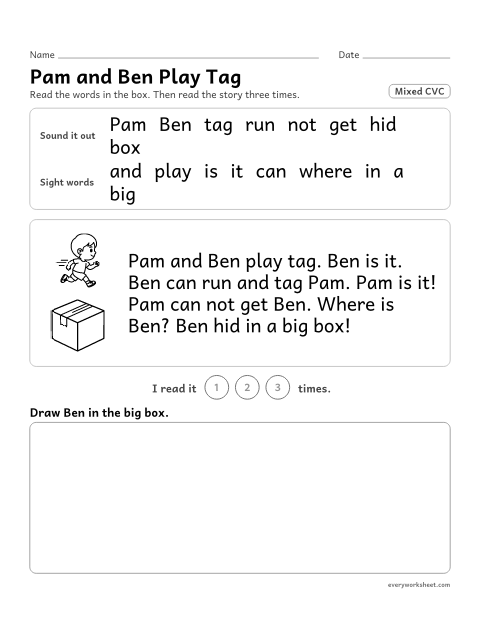 Preview of the printable “Decodable passage (Mixed CVC): pam and ben play tag” worksheet: reading a one-page decodable story with mixed cvc words and sight words