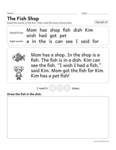 Preview of the printable “Decodable passage (Digraph sh): the fish shop” worksheet: reading a one-page decodable story with sh digraph words and sight words