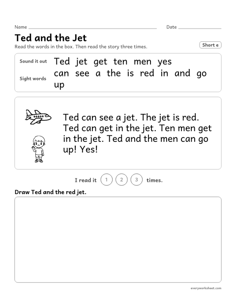 Preview of the printable “Decodable passage (Short e): ted and the jet” worksheet: reading a one-page decodable story with short e words and sight words