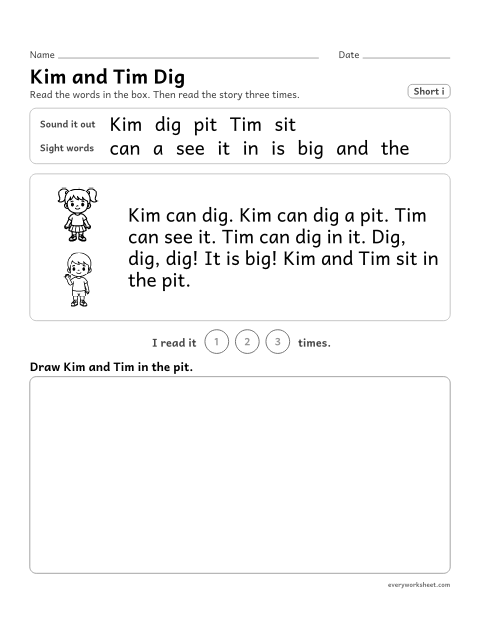 Preview of the printable “Decodable passage (Short i): kim and tim dig” worksheet: reading a one-page decodable story with short i words and sight words