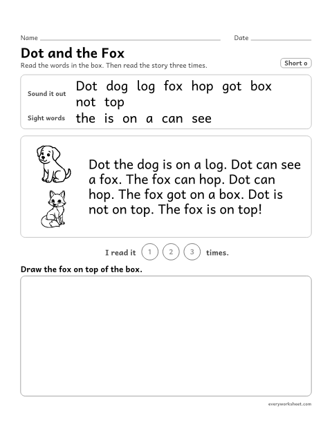 Preview of the printable “Decodable passage (Short o): dot and the fox” worksheet: reading a one-page decodable story with short o words and sight words