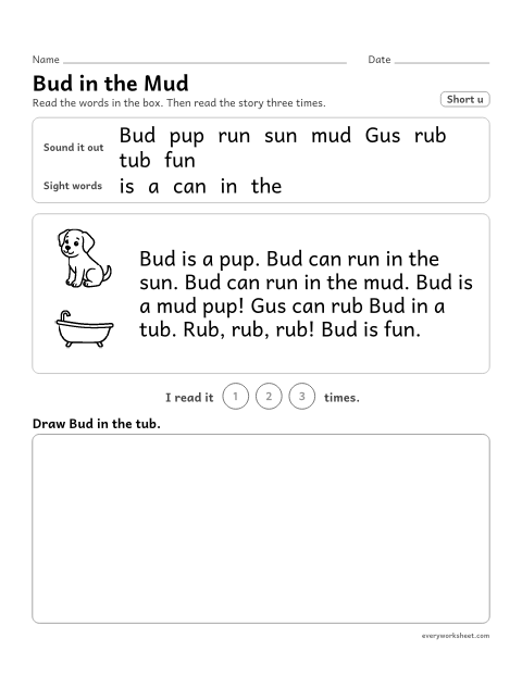Preview of the printable “Decodable passage (Short u): bud in the mud” worksheet: reading a one-page decodable story with short u words and sight words