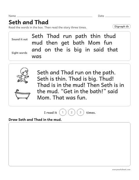 Preview of the printable “Decodable passage (Digraph th): seth and thad” worksheet: reading a one-page decodable story with th digraph words and sight words