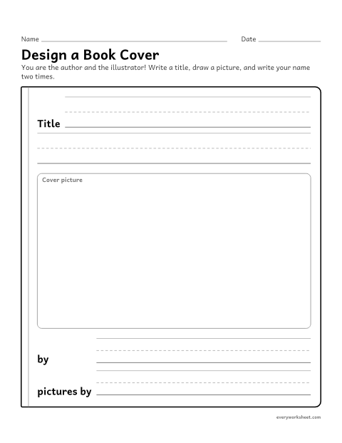 Preview of the printable “Design a book cover” worksheet: making a front cover with a title, author and illustrator
