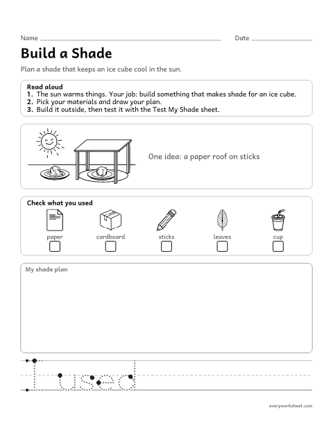 Preview of the printable “Design a shade Structure: plan and build” worksheet: designing a structure that makes shade