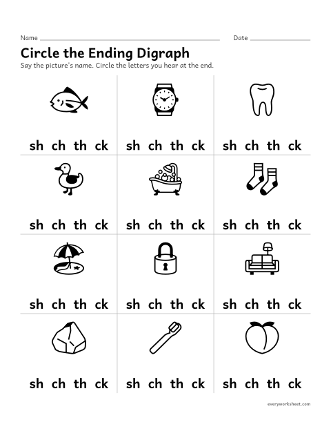 Preview of the printable “Circle the ending digraph” worksheet: hearing sh, ch, th or ck at the end of a word