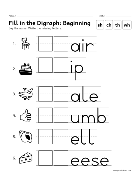 Preview of the printable “Fill in the Digraph: beginning” worksheet: writing the digraph that begins a word