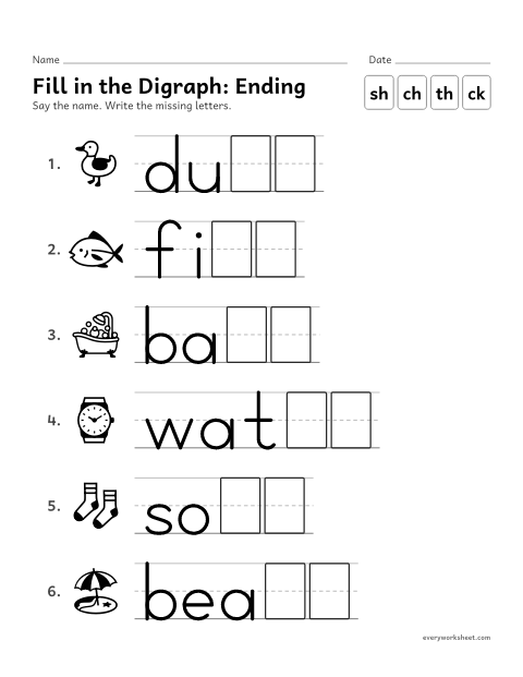 Preview of the printable “Fill in the Digraph: ending” worksheet: writing the digraph that ends a word