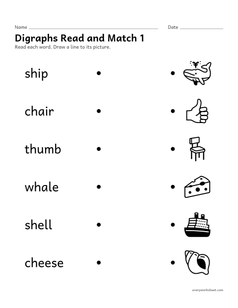 Preview of the printable “Digraphs read and match 1” worksheet: reading sh, ch, th and wh words and matching them to pictures