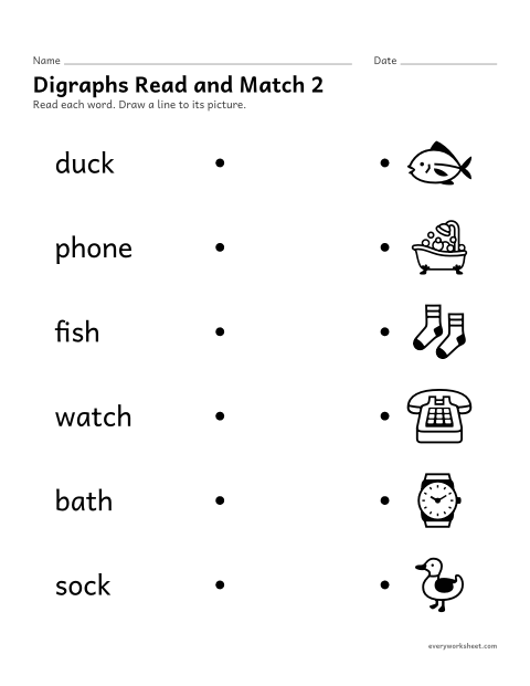 Preview of the printable “Digraphs read and match 2” worksheet: reading ck, ph, sh, ch and th words and matching them to pictures