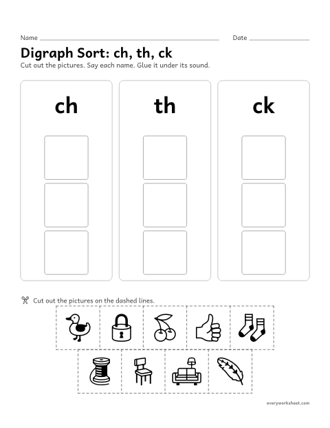 Preview of the printable “Digraph Sort: ch, th, ck” worksheet: sorting pictures by the ch, th or ck sound