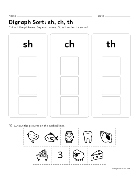 Preview of the printable “Digraph Sort: sh, ch, th” worksheet: sorting pictures by the sh, ch or th sound