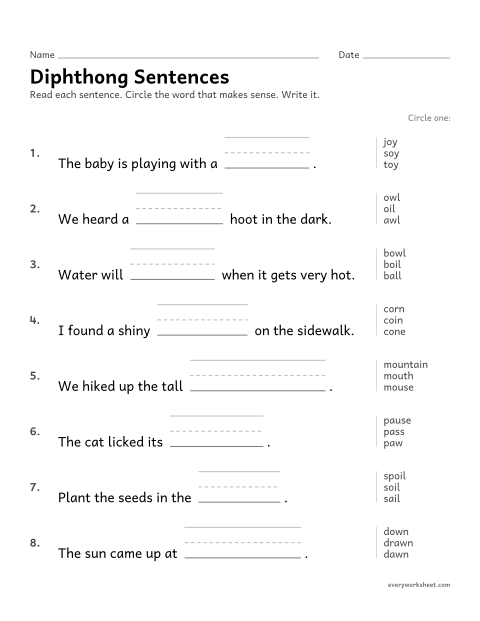Preview of the printable “Diphthong sentences” worksheet: choosing the diphthong word that makes sense in a sentence