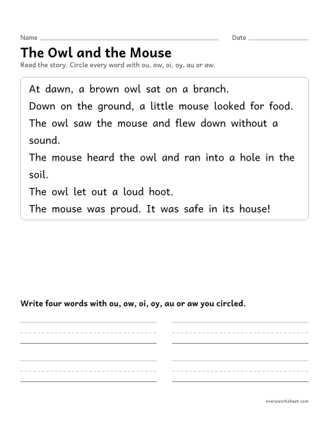 Preview of the printable “Diphthong Story: the owl and the mouse” worksheet: finding words with ou, ow, oi, oy, au and aw in a short story