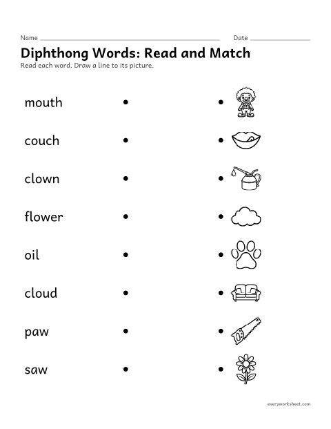 Preview of the printable “Diphthong Words: read and match” worksheet: reading diphthong words and matching them to pictures