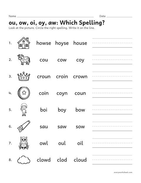 Preview of the printable “Diphthongs: which Spelling?” worksheet: choosing the right spelling of ou, ow, oi, oy and aw words