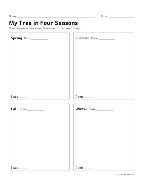 Preview of the printable “Draw a tree in four seasons” worksheet: drawing how one tree looks in each season