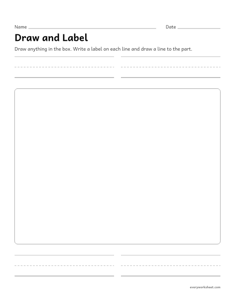 Preview of the printable “Draw and label page (Any Topic)” worksheet: drawing a picture and writing labels for its parts