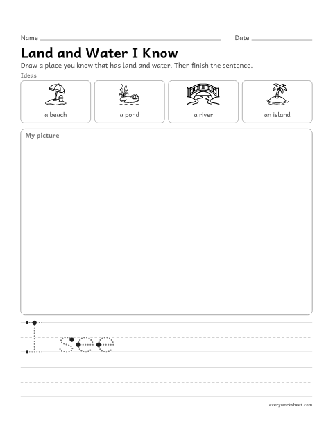 Preview of the printable “Draw land and water” worksheet: drawing and writing about a familiar place with land and water