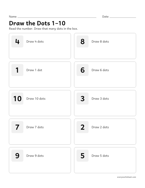 Preview of the printable “Draw the dots 1–10” worksheet: counting out a number of dots from 1 to 10