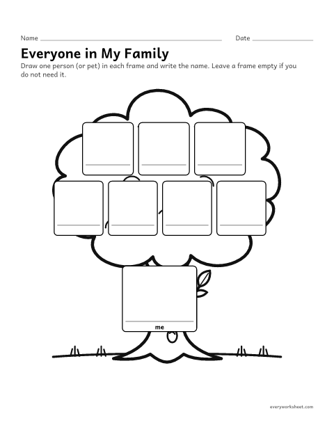 Preview of the printable “Draw your family tree” worksheet: drawing and naming the people in my family, whatever its shape
