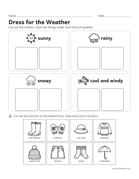 Preview of the printable “Dress for the weather cut and paste” worksheet: matching clothes to sunny, rainy, snowy and windy weather