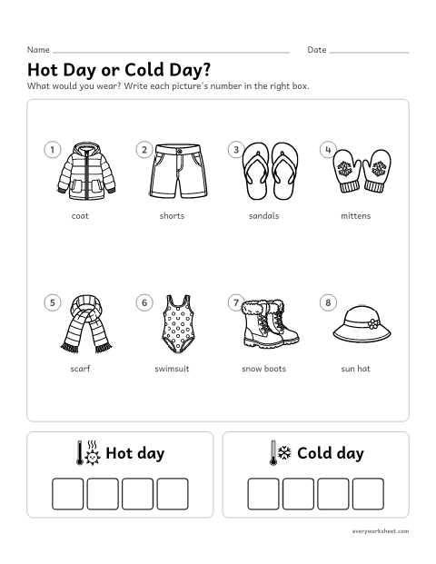 Preview of the printable “Dress for the weather Sort: hot or cold” worksheet: sorting clothes by hot and cold weather